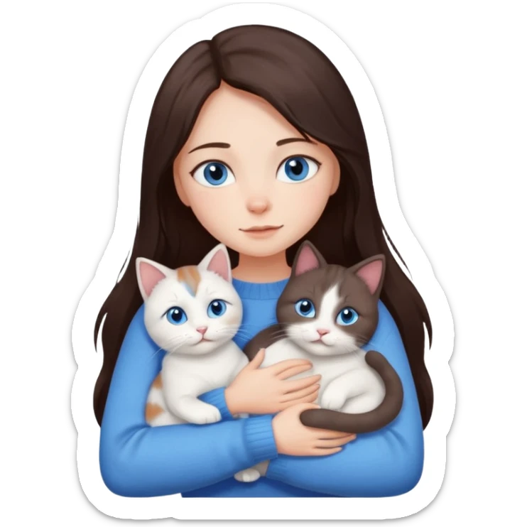 a girl with long dark 
brown hair, with blue eyes, in a
white sweater, hugs 3 different natural coloured cats sticker