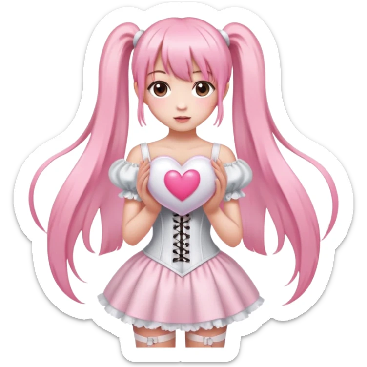 girl with very long light pink straight hair in pigtails and bangs, dark brown eyes, wearing an only white corset dress holding a big light pink heart with both hands sticker