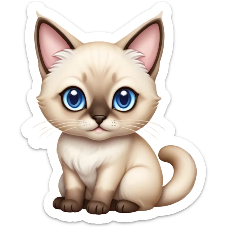 Cinematic Cute Siamese Cat Portrait Emoji, slender body, soft cream-colored fur with rich dark points on the ears, face, paws, and tail, big, sparkling sapphire-blue eyes, Simplified yet irresistibly adorable features, highly detailed, glowing with a warm, cozy glow, high shine, curious yet calm, stylized with a touch of whimsy, bright and endearing, soft glowing outline, capturing the essence of a mischievous yet lazy and loveable kitty, so cuddly it feels like it could waddle right out of the screen for a snuggle! sticker