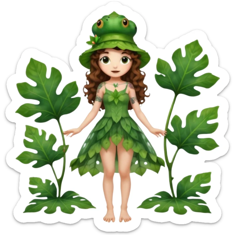 full body woman long curly brown hair brown eyes white skin tattoos wearing cute frog hat and sheer leaf dress, barefoot, flirty forest fairy pose sticker