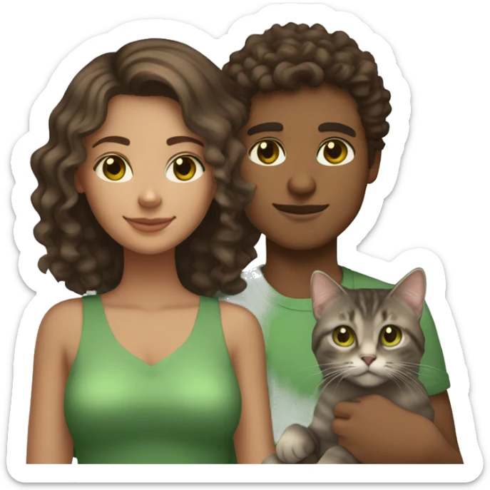a girl with tan skin and brown curly hair and brown eyes and her boyfriend with short brown hair and brown eyes holding a grey tabby cat with green eyes sticker