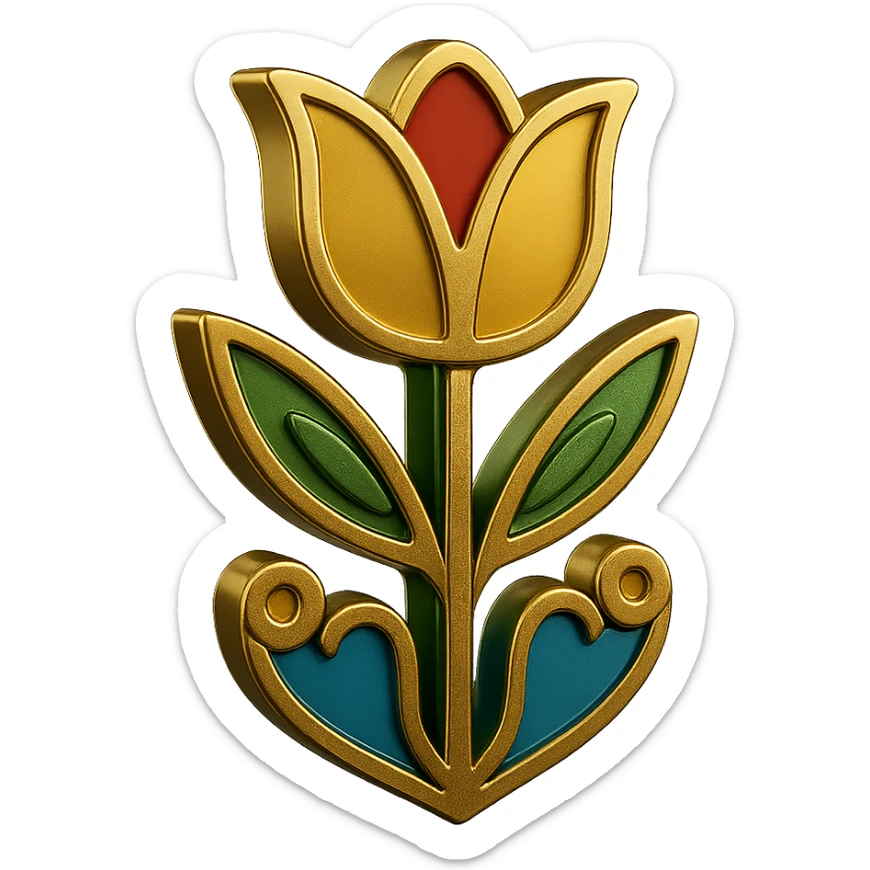 Change the motif outline and line art to gold instead of black. The crow should have a gold outline. The tulip motif should be large and in bright folk colors. The style should match the heart reference, simple Scandinavian folk art style with gold outlines and bright folk colors. Transparent background. sticker