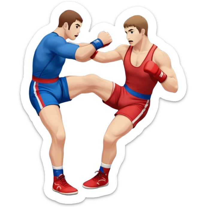 Two Sambo fighters in blue and red gis with shorts and wrestling shoes, executing gripping and throwing techniques. The fighters are engaged in a dynamic, action-packed moment with no strikes. The background features a wrestling mat, focusing on the technique and control. Transparent background  sticker