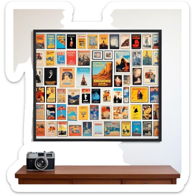 Icon for Photograph and Poster Collecting: a collection of photographs and movie posters, neatly displayed on a wall or in frames. The icon should evoke the nostalgia and artistic value of collecting rare images and posters. Transparent background. sticker