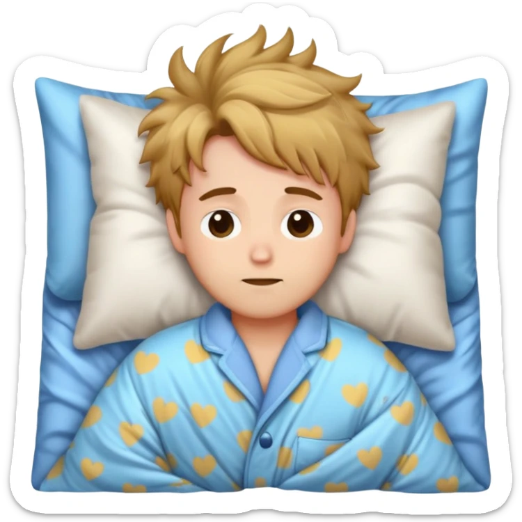 Adorable sleepy boyfriend with messy bed hair, pajama shirt slightly open, cuddling a pillow, cozy blanket, soft lighting, emoji style sticker