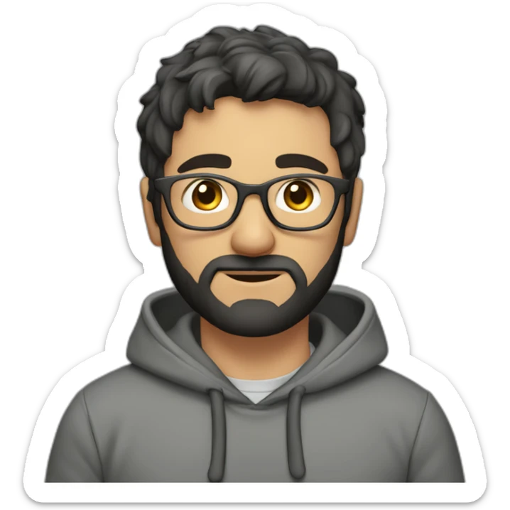 A project manager in a gray hoodie and with a short beard, with gray eyes, with short black hair without a parting, wearing glasses sticker