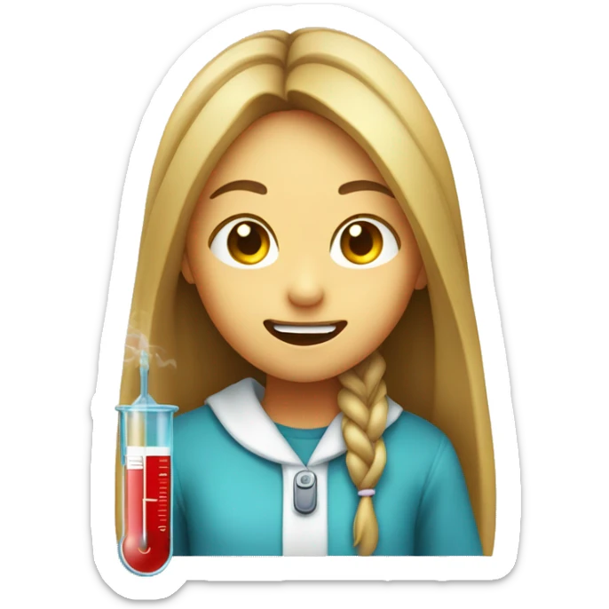 smiling girl with long hair with a thermometer in her mouth and looking sick sticker
