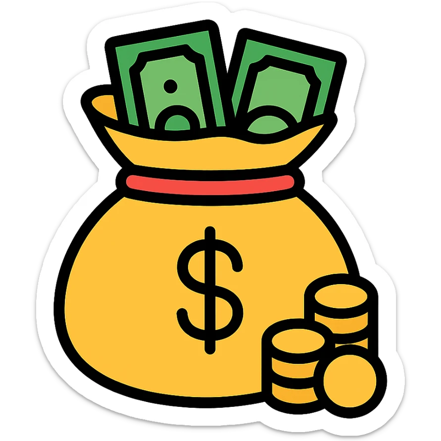 colored icon of a money bag with coins and banknotes peeking out sticker