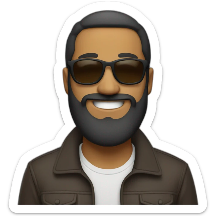 a brown man with a long beard, wearing shades, jacket and a smile on his face. full body image sticker