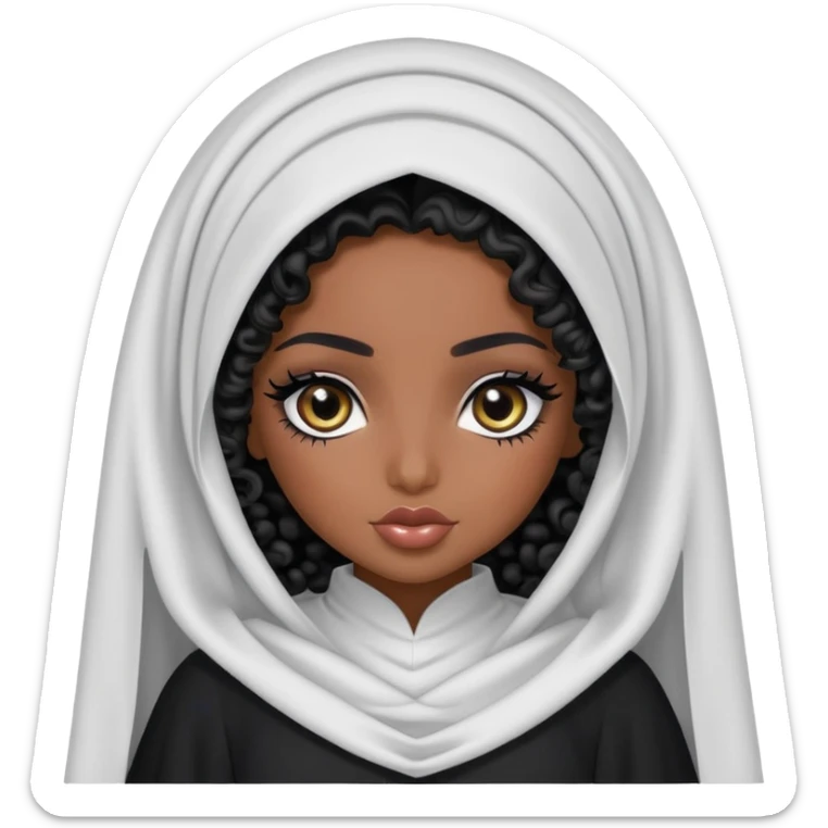 Saudi beauty, pretty bratz baddie, black eyeliner, veil, abaya, curly long hair sticker