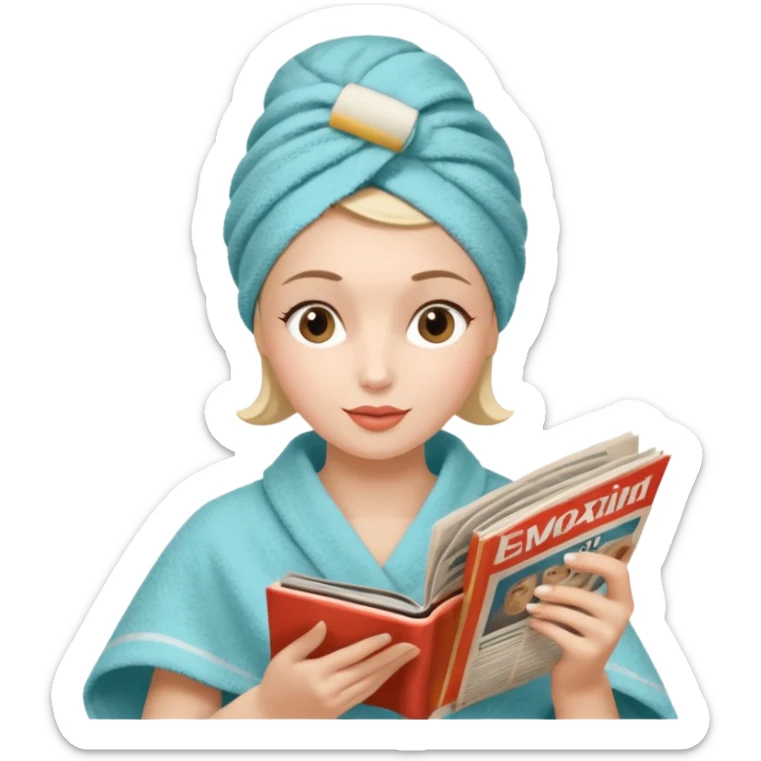 mujer en la peluquería con toalla en la cabeza y leyendo una revista, estilo vintage sticker