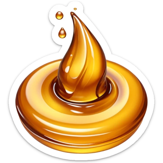 glossy swirl or drip of thick amber syrup, smooth and flowing, rich golden sheen, surface with subtle highlights, sweet and viscous look, no extras, apple emoji style, soft lighting, transparent background, emoji scale sticker