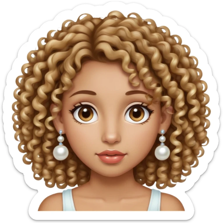 chica con el pelo muy muy rizado, de color castaño con mechas rubias. Nariz pequeña y redonda y labios gruesos. La cara de una forma redonda. Pendientes de perla con un segundo percing en la oreja.  sticker