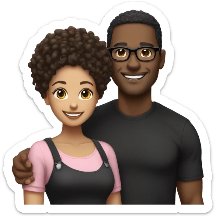 Black man, smiling, curly black hair, with black shirt and light skinned woman, curly bun, smiling, light pink shirt, black glasses sticker