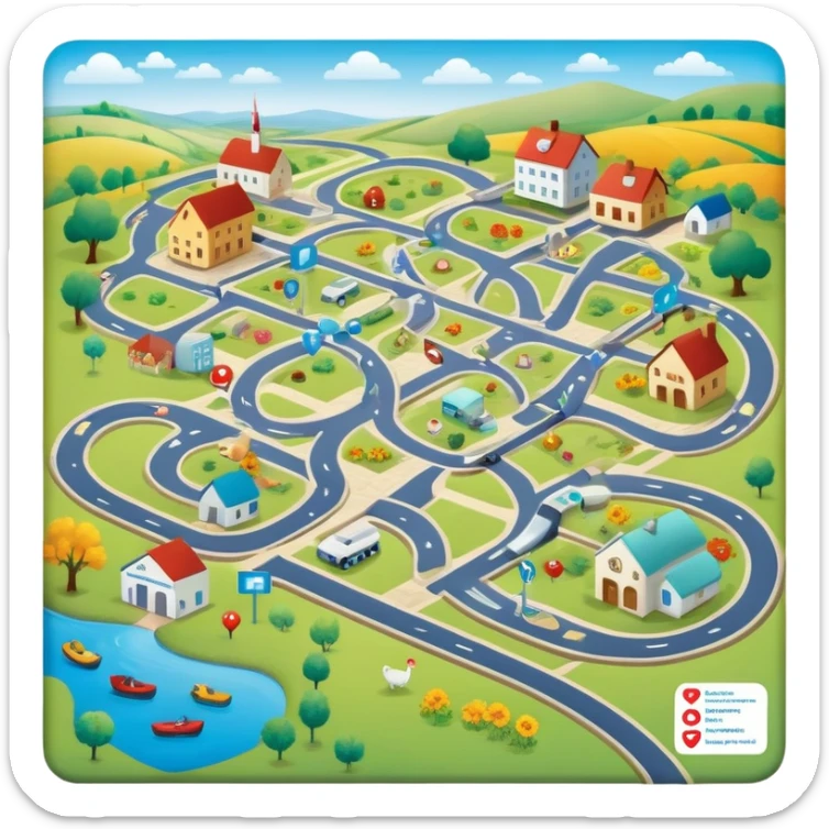 journey on a game board about Type 1 diabetes and aging with footpaths in a countryside, no roads (hospital, places to live, advocacy, physical changes, to share knowledge and ways of coping, energetic with text: T1D to 100 and subtext Aging with Type 1 diabetes, easy for seniors to see sticker