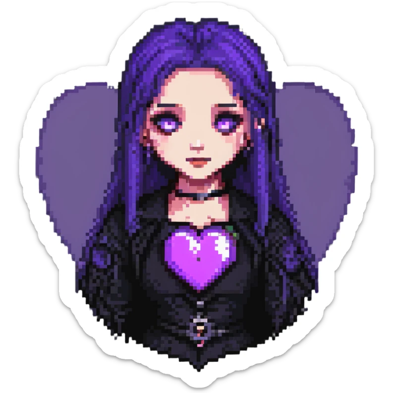 a heart with a goth girl inside, pixel art style, purple and black colors, dark atmosphere sticker