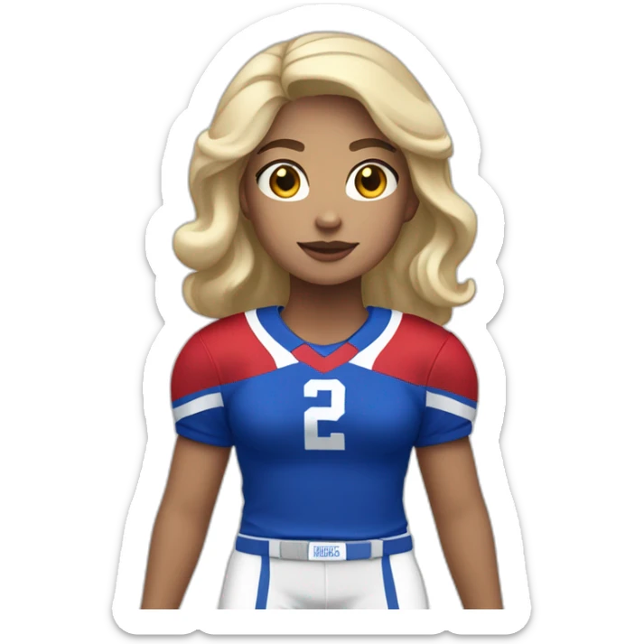 Girl with blond black hair and white skin wearing crimson and ultramarine football uniforms sticker