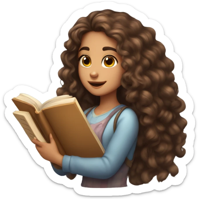 girl with long curly brown hair, fair skin, two moles on her right cheek, brown eyes, holds a book in her hands and reads sticker