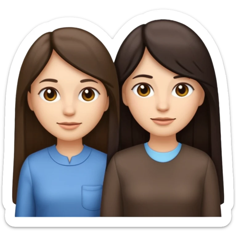 generate me emojis of sisters, one should look older, the other younger. the older one has dark brown hair, long, straight, the younger one is slightly lighter, also straight, long. clothes are any in principle, the main thing is that they more or less look like each other sticker