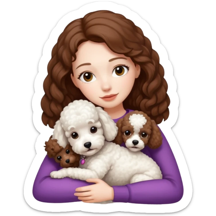 Beautiful woman with pale skin and brown hair hugging a white poodle dog sticker