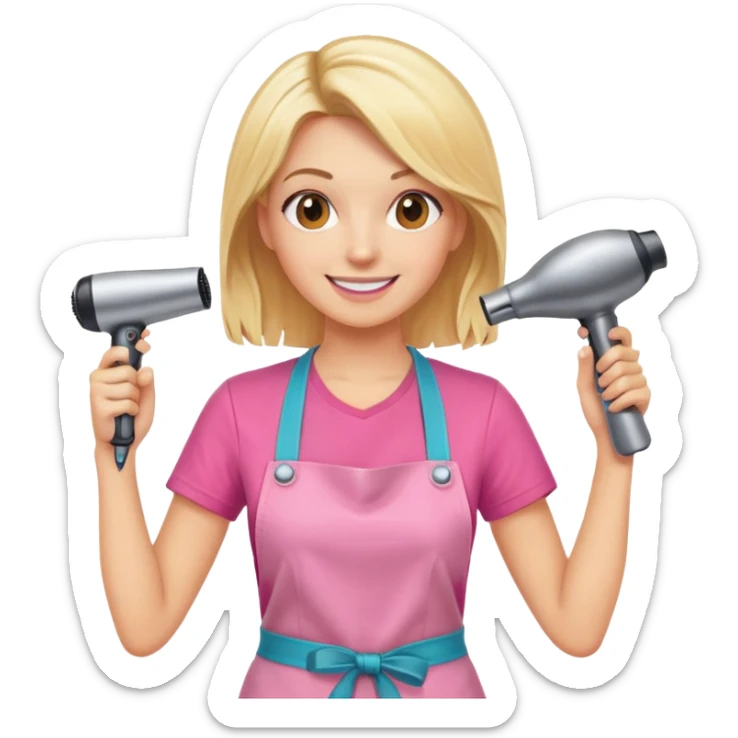 blonde female hairstylist smiling, pink t-shirt, orange apron, hands up, holding scissors and hairdryer clearly shown sticker