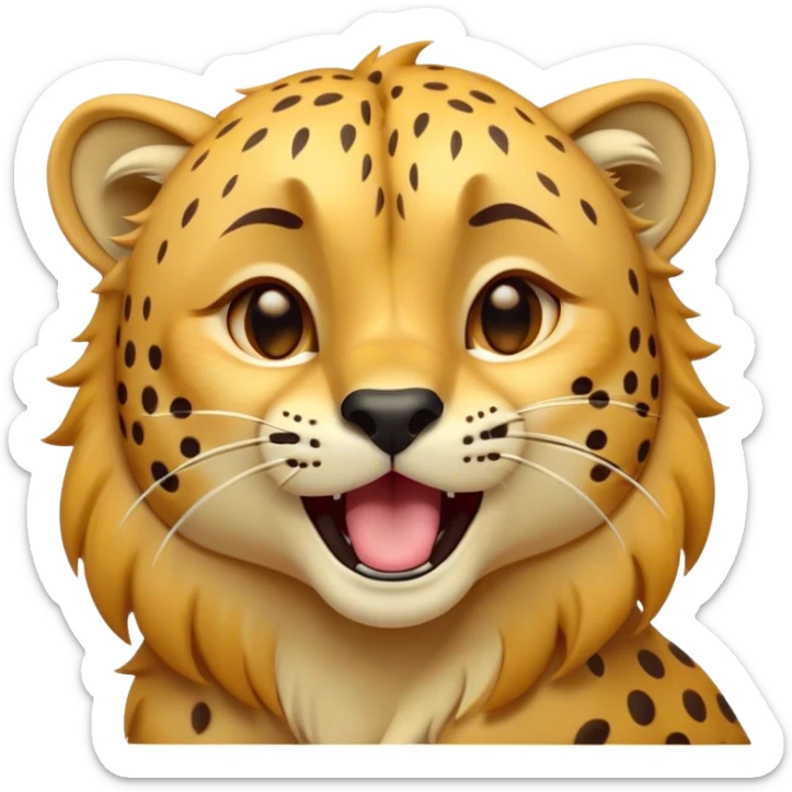 Cinematic Cute Yawning Cheetah Portrait Emoji, Head tilted slightly with a dramatic, wide-open yawn, showcasing a soft, sleek golden Fur with distinctive spots and floppy ears slightly drooping, round amber eyes barely open in drowsy contentment, Simplified yet irresistibly adorable features, highly detailed, glowing with a soft, cozy glow, high shine, relaxed yet expressive, stylized with a touch of savannah whimsy, bright and endearing, soft glowing outline, capturing the essence of a sleepy yet affectionate cheetah, so drowsy it feels like it could stretch right out of the screen and curl up for a nap! sticker