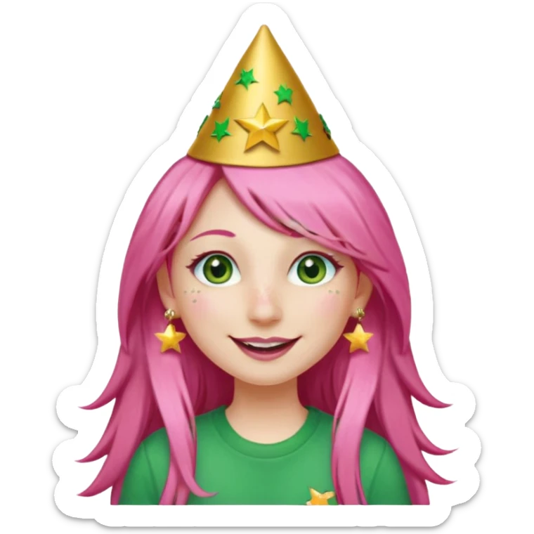 A girl with long pink hair and green eyes with long eyelashes and a smiley face. She has freckles and a lit of bit of pink lipstick on her mouth, she’s also got a full gold birthday party hat on her head with gold pom poms on top of it, and her T-shirt is all red, she wore gold star earrings  sticker