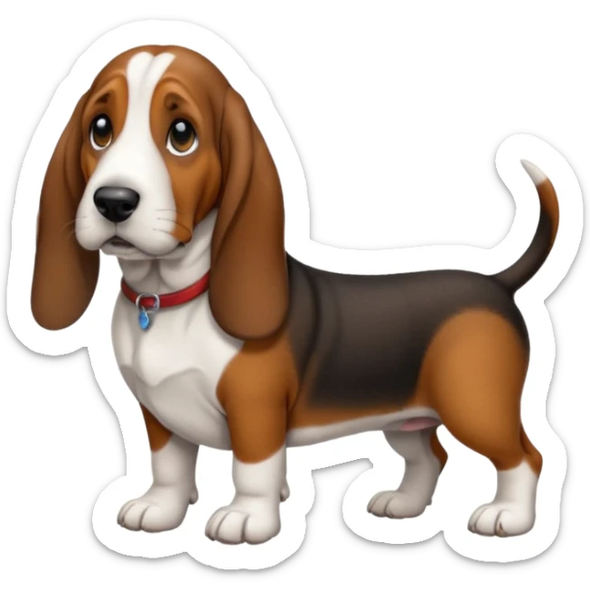 Basset hound with smaller ears, brown face black nose and black ears. White belly chest and feet sticker