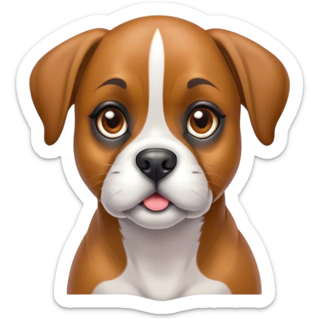 Cinematic Cute Fawn Boxer dog Portrait Emoji, Head tilted playfully and inquisitively, with a glossy fawn Fur highlighted by a white muzzle and chest, round, sparkling brown eyes filled with curiosity, Simplified yet irresistibly adorable features, highly detailed, glowing with a warm, friendly glow, high shine, affectionate and lively, stylized with a touch of whimsy, bright and endearing, soft glowing outline, capturing the essence of a mischievous yet loving pup, so playful it feels like it could bound out of the screen and into your arms! sticker