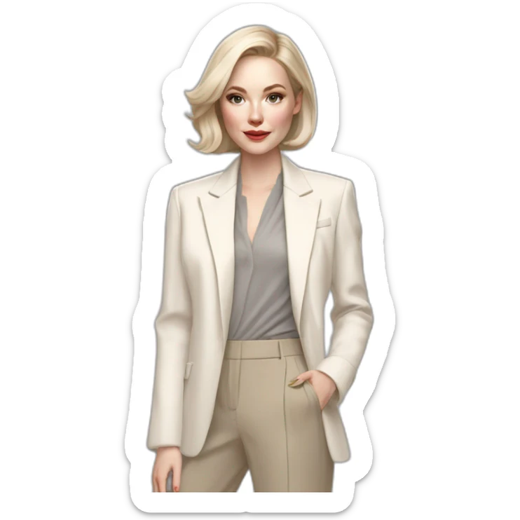 pale skin woman with ash blonde Straightened bob Hair, White Spacious classical jacket, beige palazzo Arrow pants and gray blouse holding RAL colour palette in the hands sticker