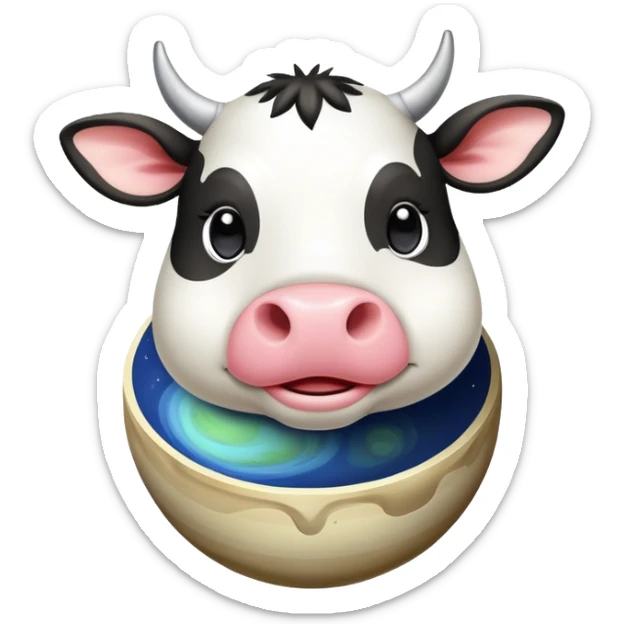 A playful cow-Saturn hybrid with the cow's head on top of the ringed planet, udders visible underneath, and legs sticking out from the sides sticker