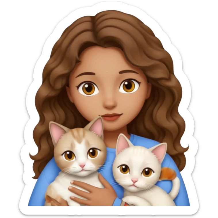 brown girl, brown eyes, wavy hair, cuddling a siamese cat and a white cat, emoji style sticker