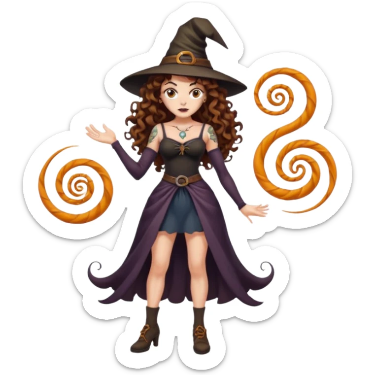 full body view of a woman with long curly brown hair, brown eyes, white skin, tattoos, hands on hips, unimpressed witch stance, psychedelic background swirl sticker