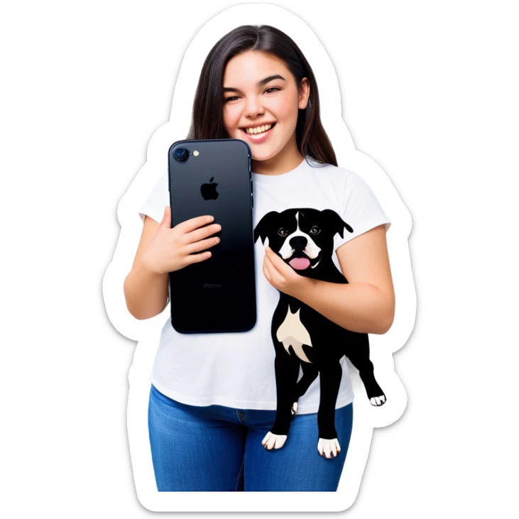 Beautiful young girl, slightly overweight with long dark hair that’s choppy cascading over her shoulders as she holds her black iPhone, and she has her beautiful dog mix of a pitbull with an under bite standing beside her sticker