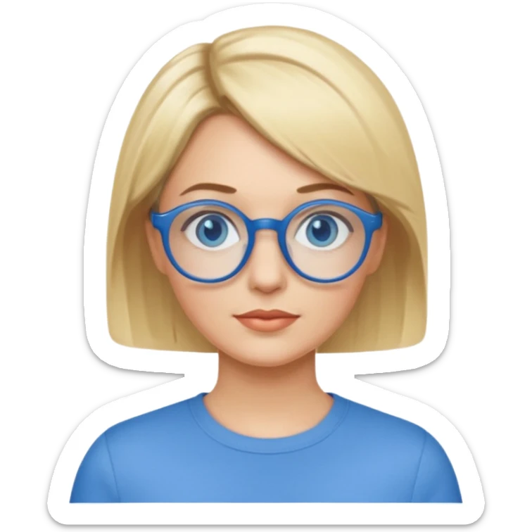 femme 40 ans cheveux extremement courts blond avec raie sur le coté, yeux bleu et lunettes rondes bleues sticker