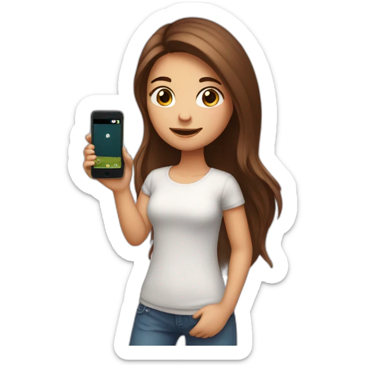 girl with the long brown hair is playing in a game on mobile phone sticker