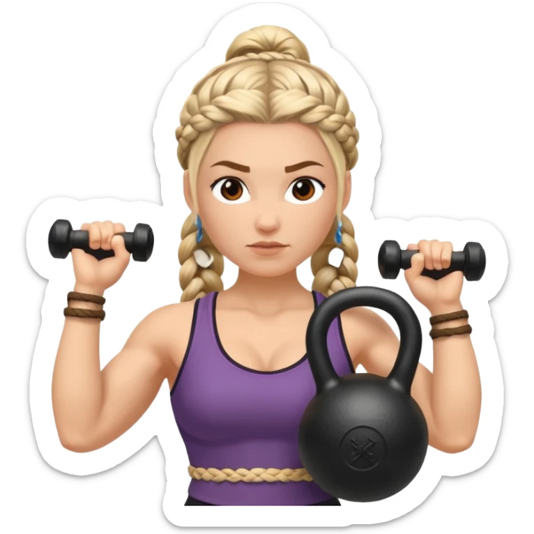 Una Kettlebell con la parte delantera con una vikinga que sea mujer con trenzas sticker
