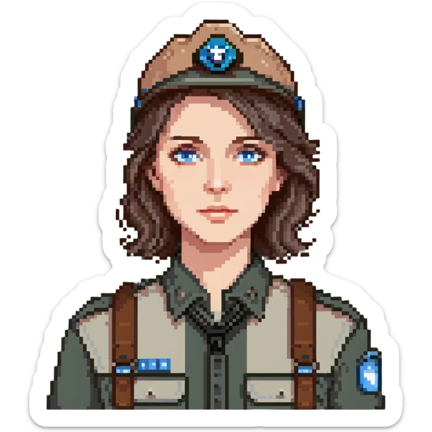 white woman park ranger with blue eyes and brown and gray hair sticker