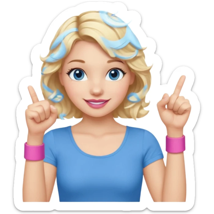 Girl Blonde short wavy hair,  blue eyes, cute blue top, long lashes, pink lips, smiling, fist bump sticker