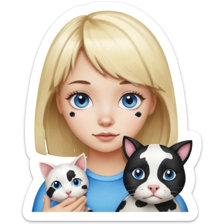 Cute cat black and white stain like a cow in the arms of a blond girl with bangs and blue eyes sticker
