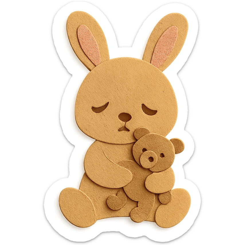 flawless, highly detailed, high quality paper craft style illustration of a caramel-colored bunny holding a teddy bear, eyes drooping, perfect proportions, no imperfections, intricate textures, soft lighting, delicate cut-paper details sticker