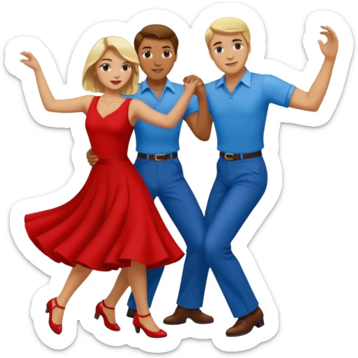 Two people. Man wearing all  RED with brown hair. Women  ALL blue with blond hair. Swing Dancing.  sticker