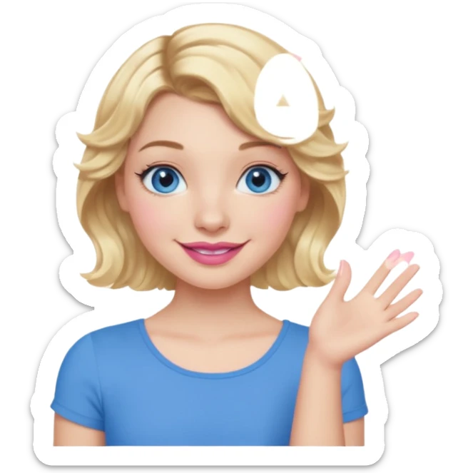 Girl Blonde short wavy hair,  blue eyes, cute blue top, long lashes, pink lips, smiling, one hand 🤷🏼‍♀️  sticker