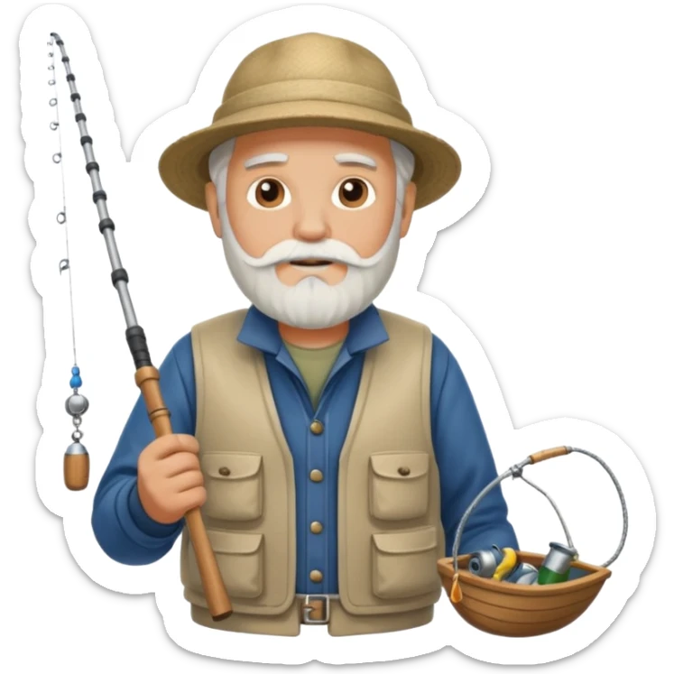 an old white haired, bearded man in fisherman attire, stood in a boat at sea, holding a fishing rod and catching fish with it. sticker