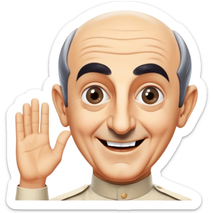 Icon for Comedy Movie: A vintage movie poster-style design with a humorous scene—Louis de Funès in his iconic comedic pose, exaggerated facial expression, and wide-open eyes. Include a slapstick element like falling over or interacting with a funny prop. Retro cinematic feel. Transparent background. sticker