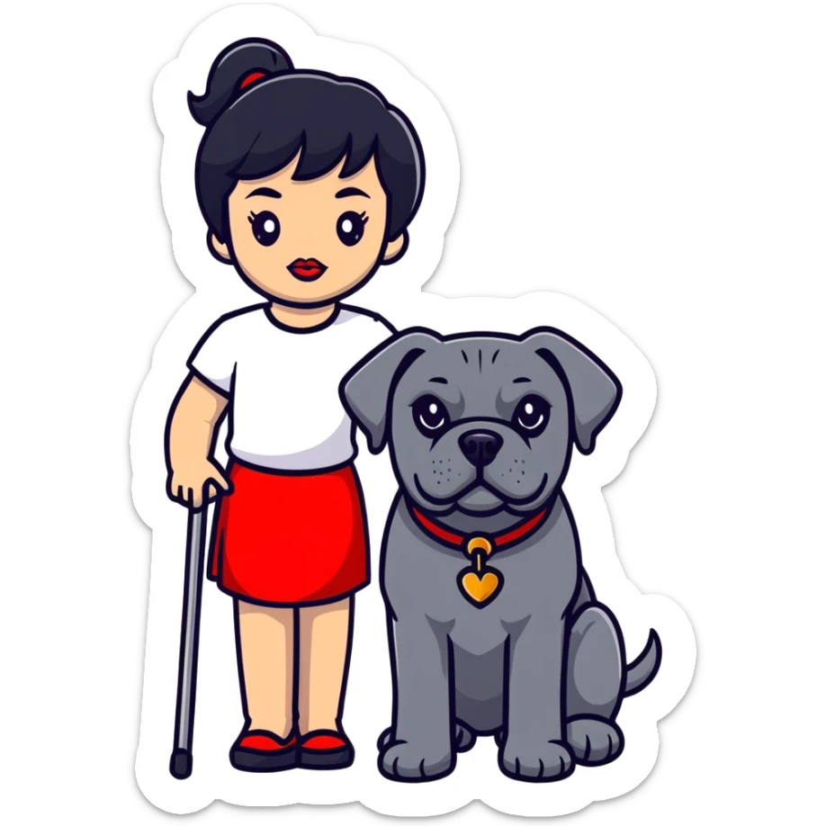 Fashionable girl with black hair and red lips with a Cane Corso dog sticker