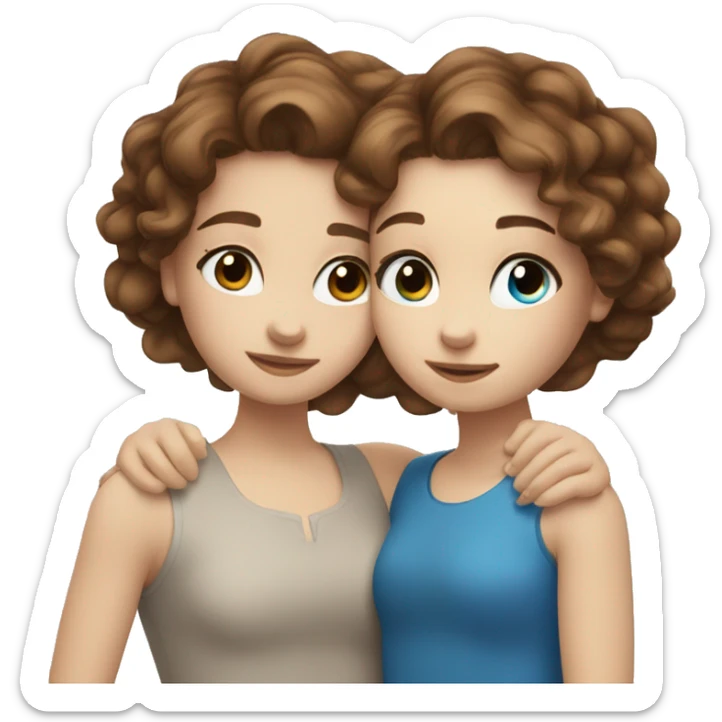 two girl cuddling brown wavy hair white skin and blue eyes sticker