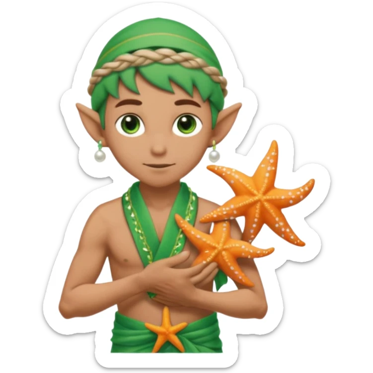 elf male Sarong with bioluminescent embroidery, armful of starfish, hair in a braid with pearl pins. sticker