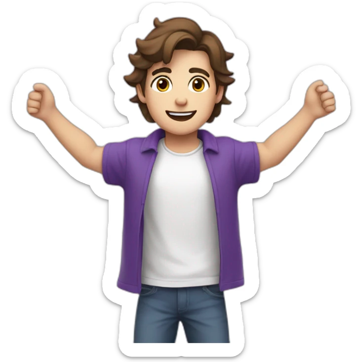 young french man, arms up, brown hair, purple t-shirt, white skin, head large sticker