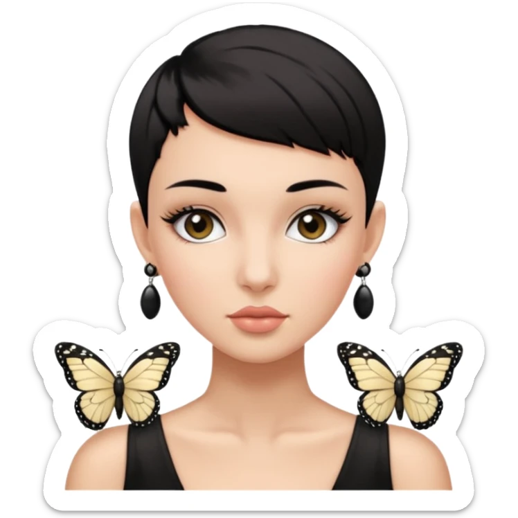 Lady with black buzz cut hair and lashes wearing 4 black earrings holding white butterfly sticker